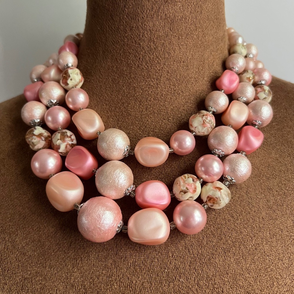 Vintage Japan Pink Faux Pearl Multi Strand Necklace 16-18 Inch Coquette